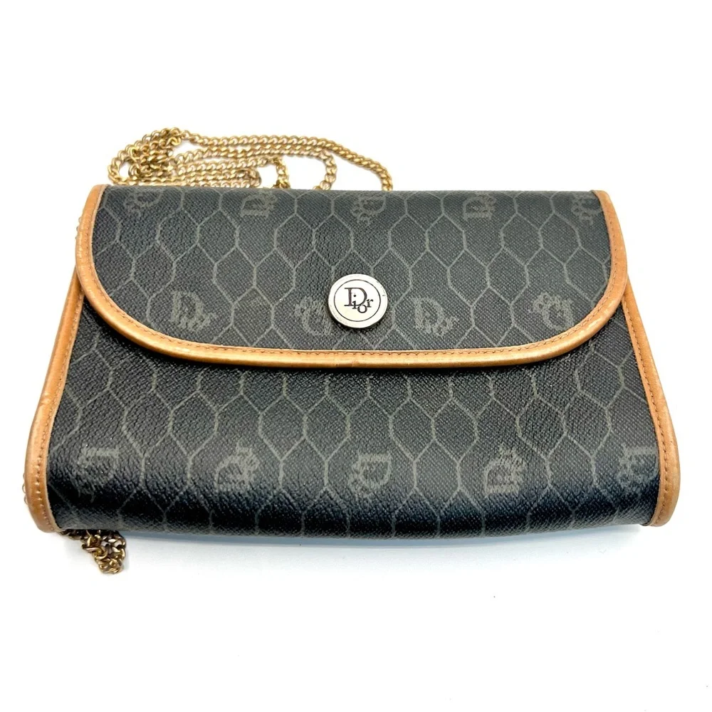 Dior Honeycomb Coated Canvas Chain Shoulder Bag in Black with Tan Leather Trim